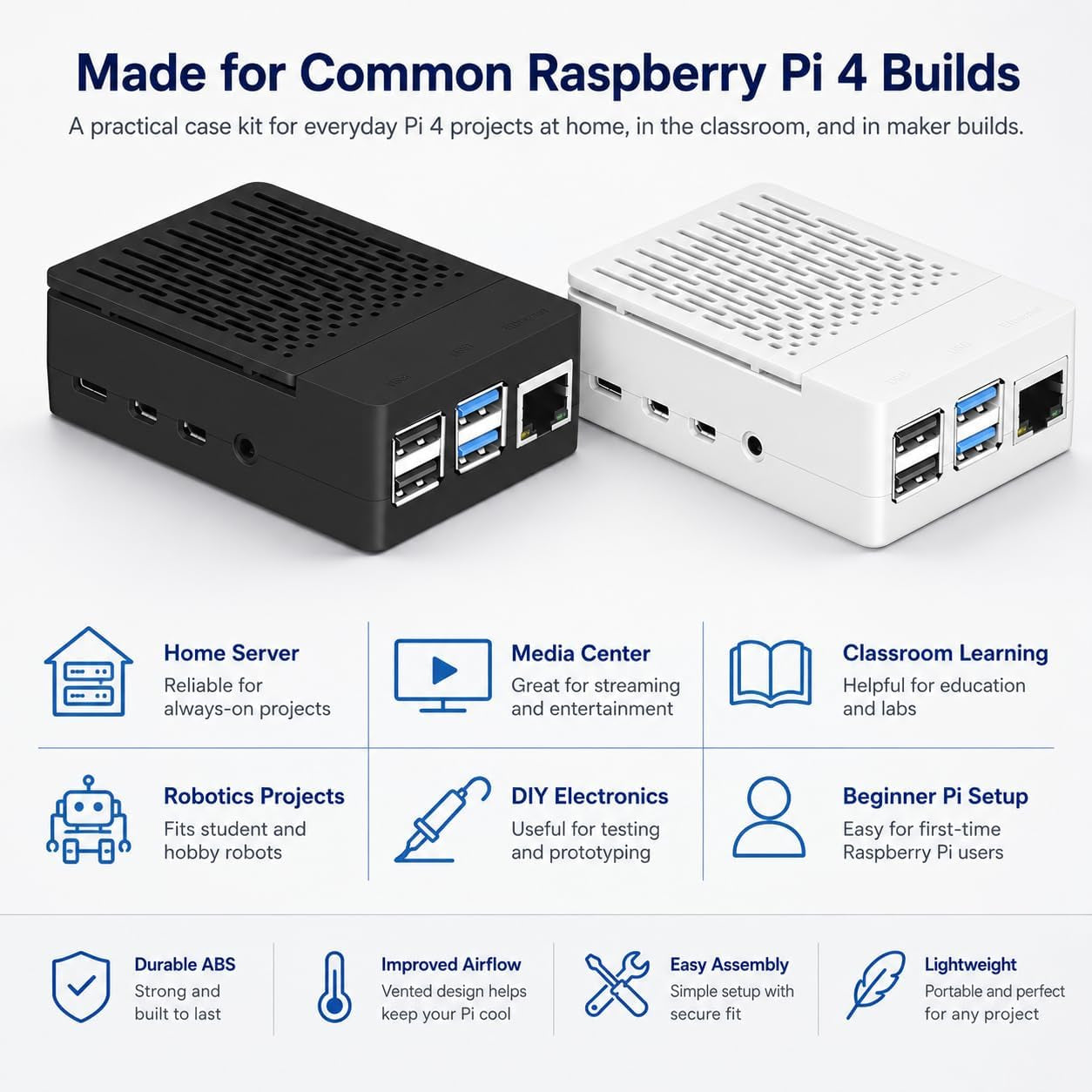 Raspberry Pi 4 Fan ABS Case with Cooling Fan, Heatsink, Simple Removable Top Cover for Pi 4 Model B/ 4B